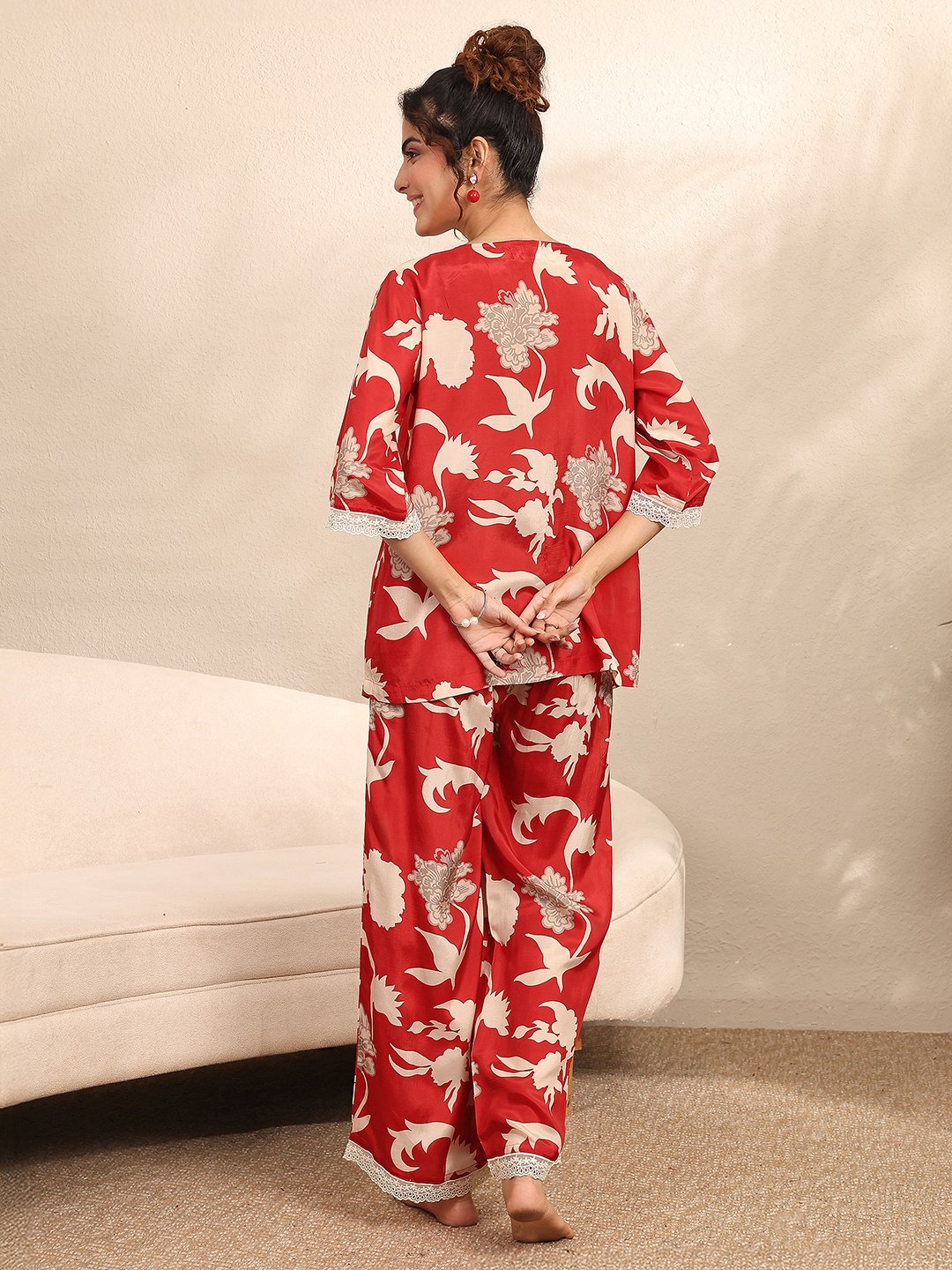 Floral Red 3/4 Sleeve Top and Pants Pyjama Set