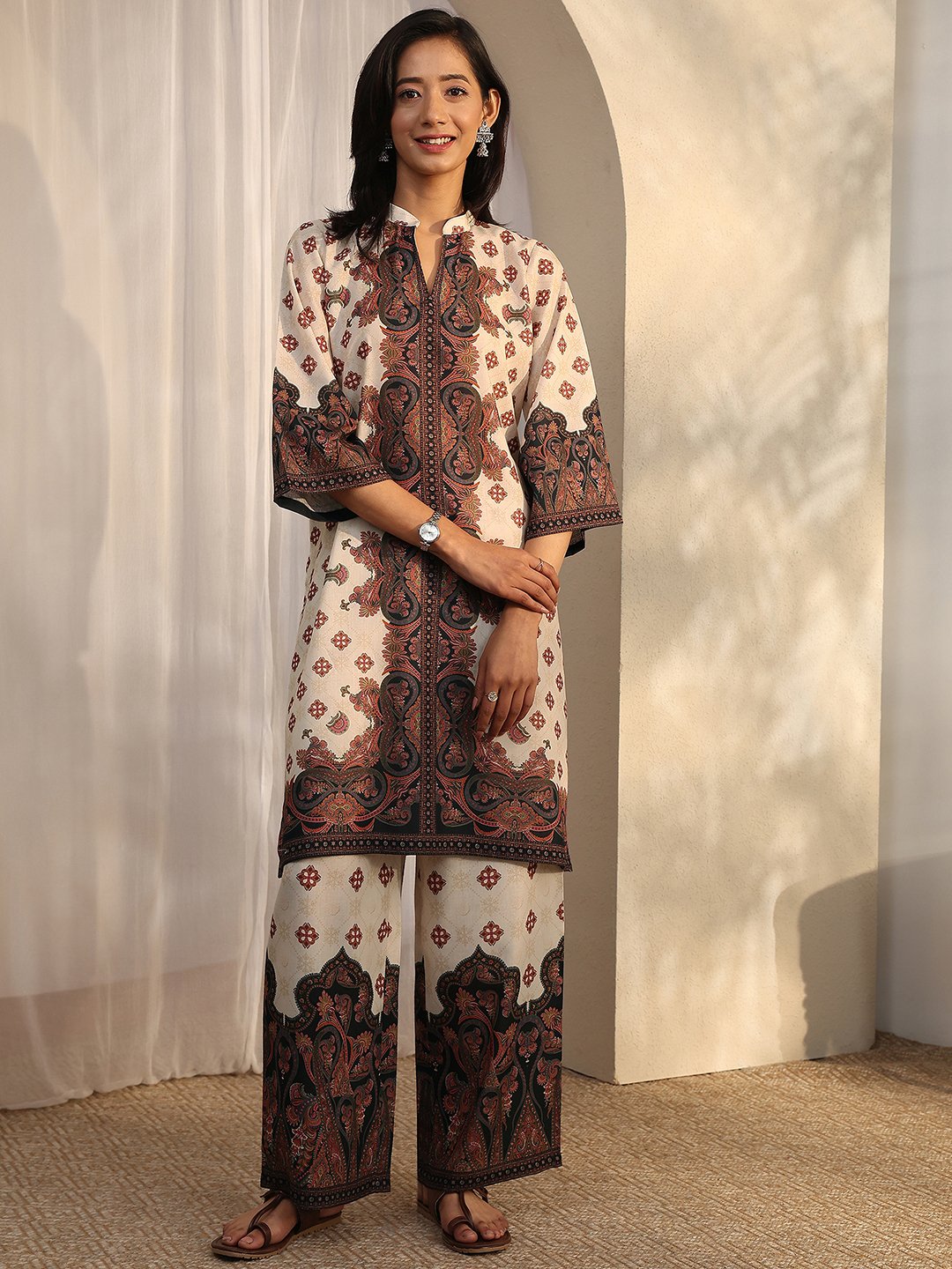 Off white Printed Cotton Blend Co-Ords