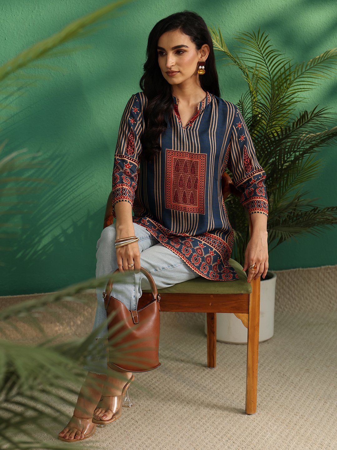 Blue Printed Silk Blend Straight Kurti