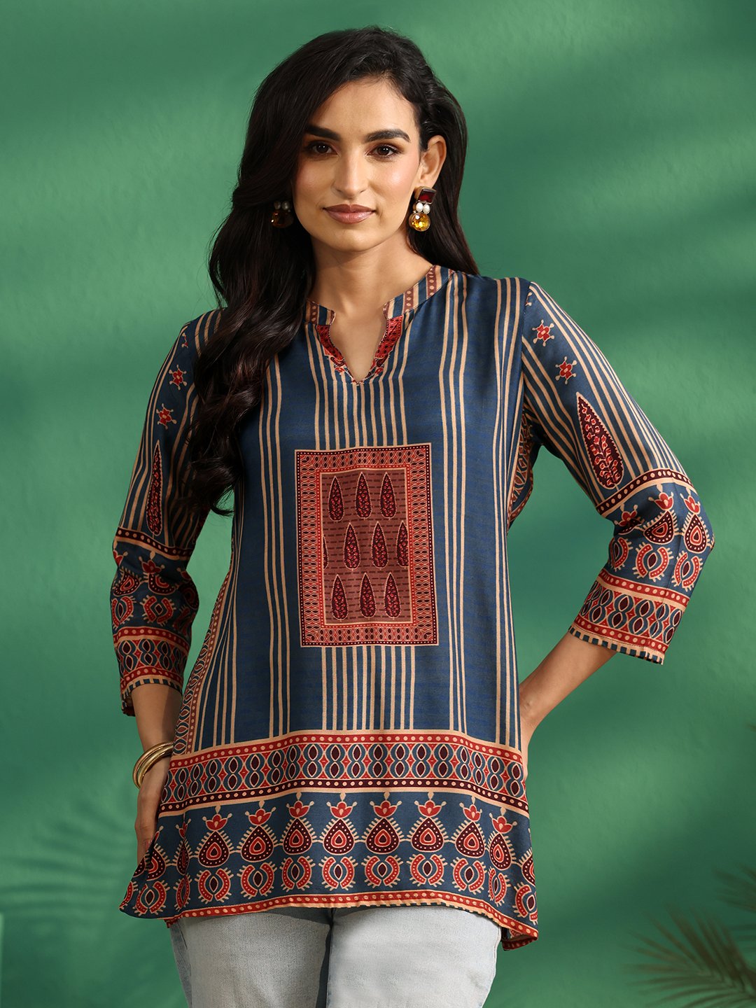 Blue Printed Silk Blend Straight Kurti