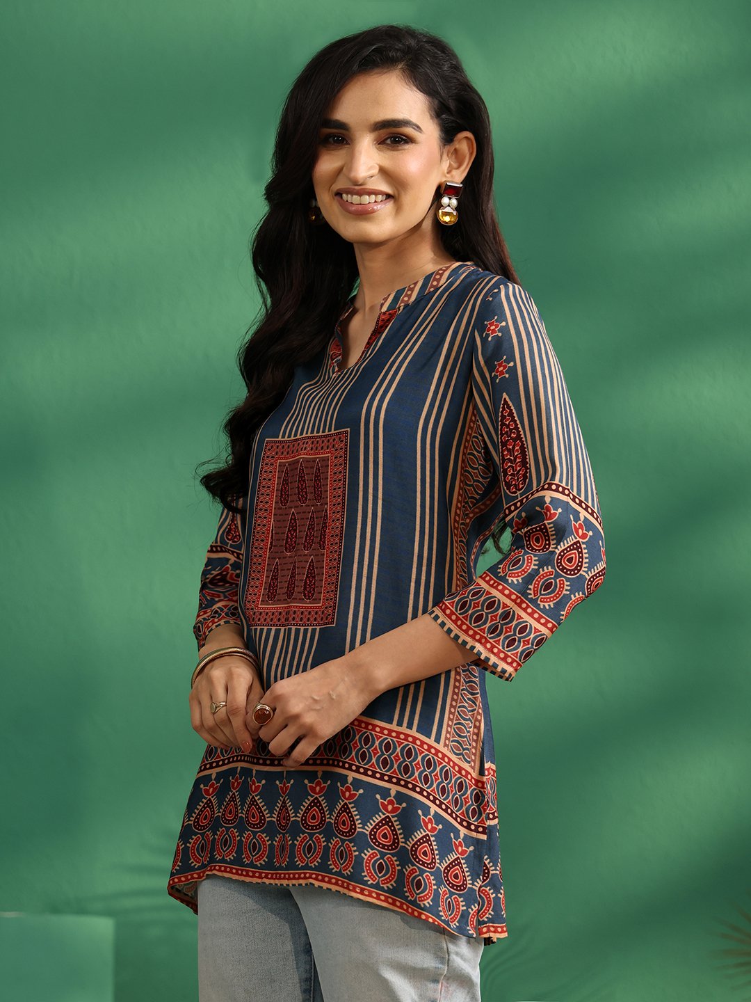 Blue Printed Silk Blend Straight Kurti