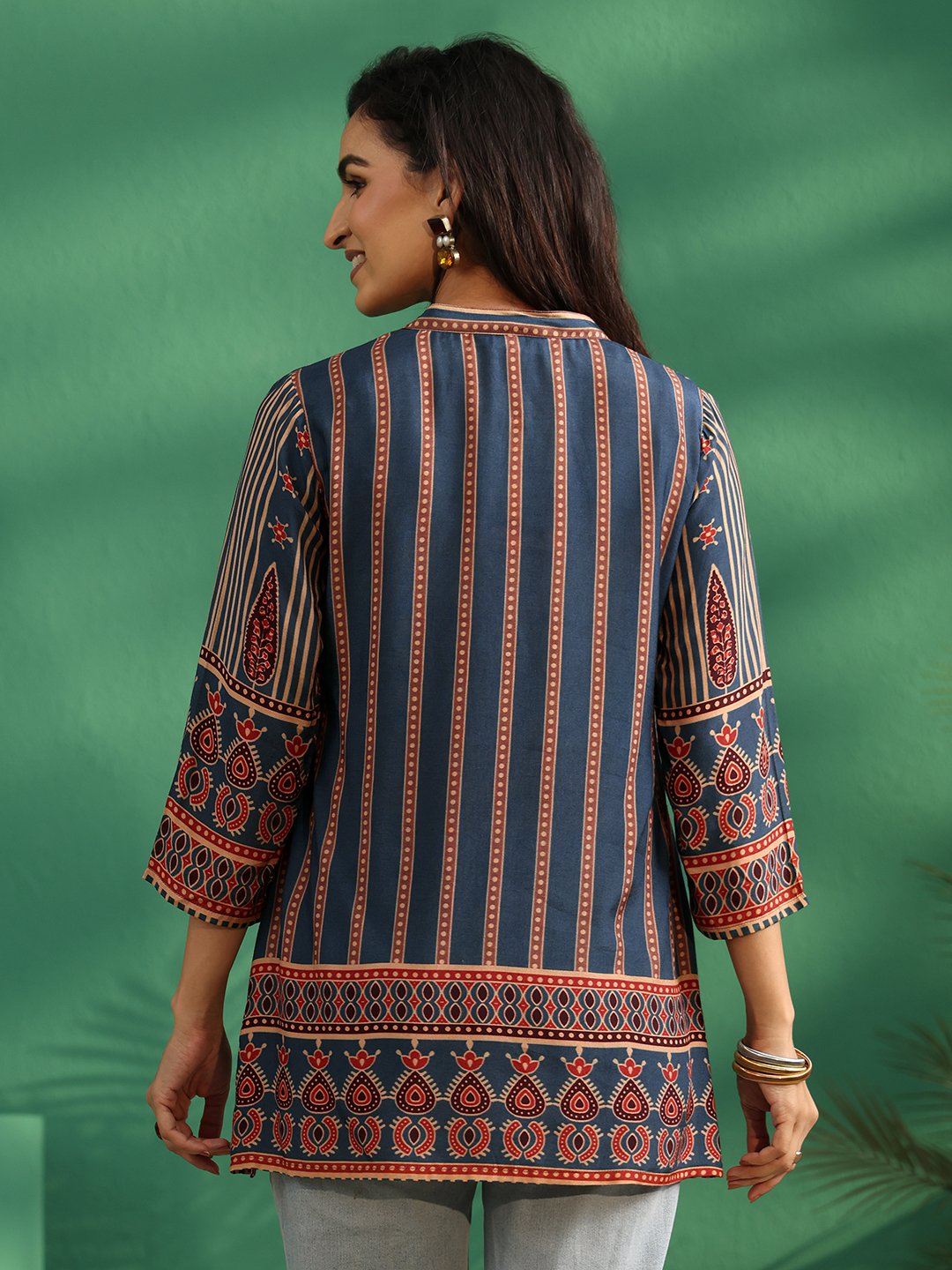 Blue Printed Silk Blend Straight Kurti