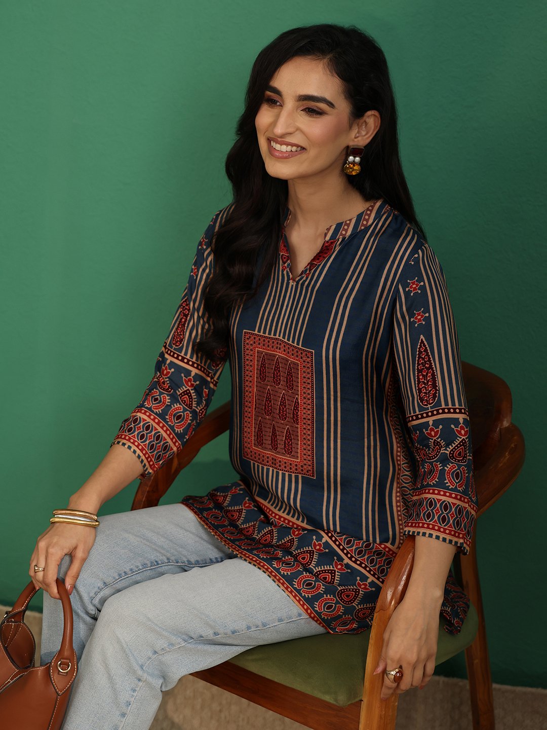 Blue Printed Silk Blend Straight Kurti