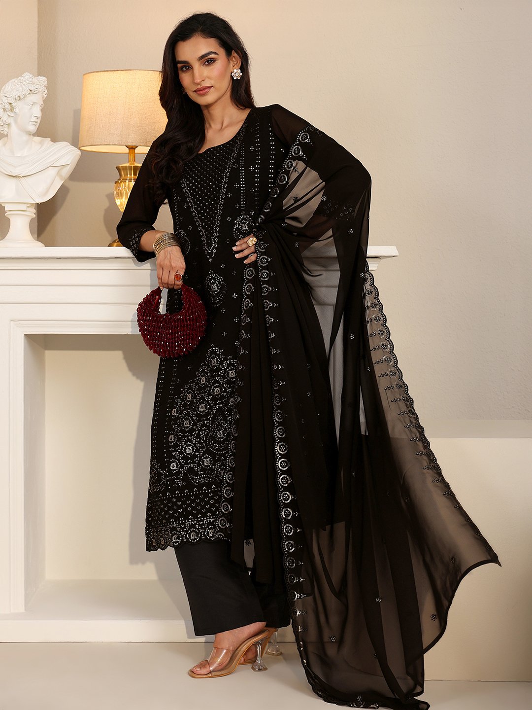 Black Embroidered Georgette Straight Kurta With Trouser And Dupatta