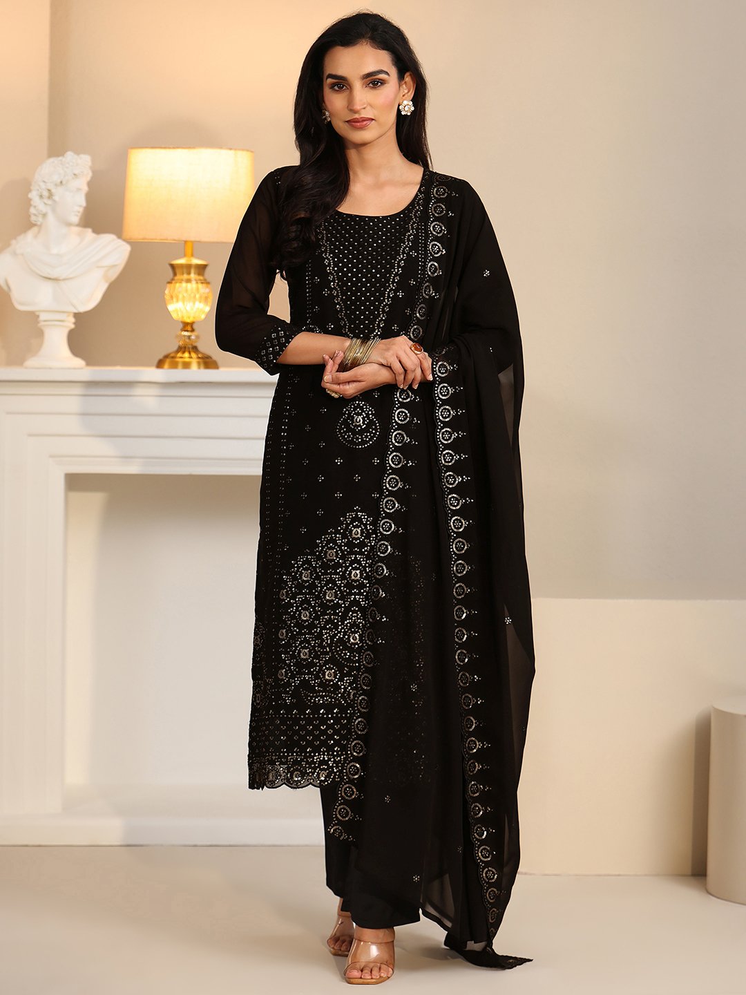 Black Embroidered Georgette Straight Kurta With Trouser And Dupatta