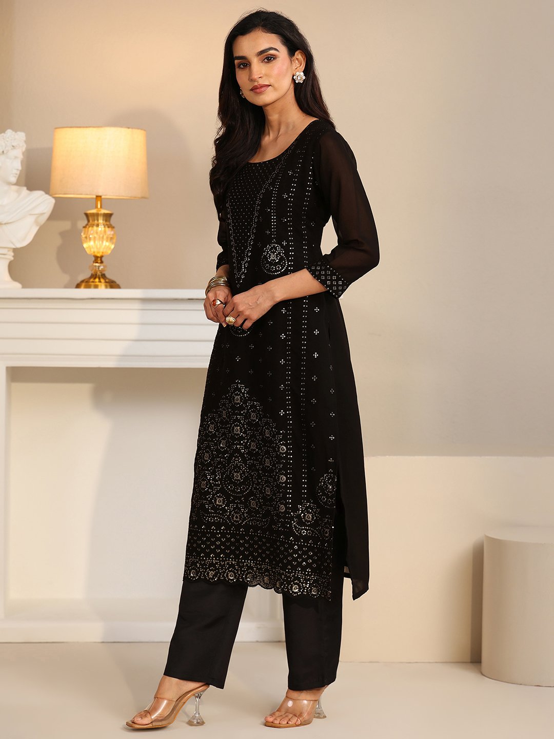 Black Embroidered Georgette Straight Kurta With Trouser And Dupatta