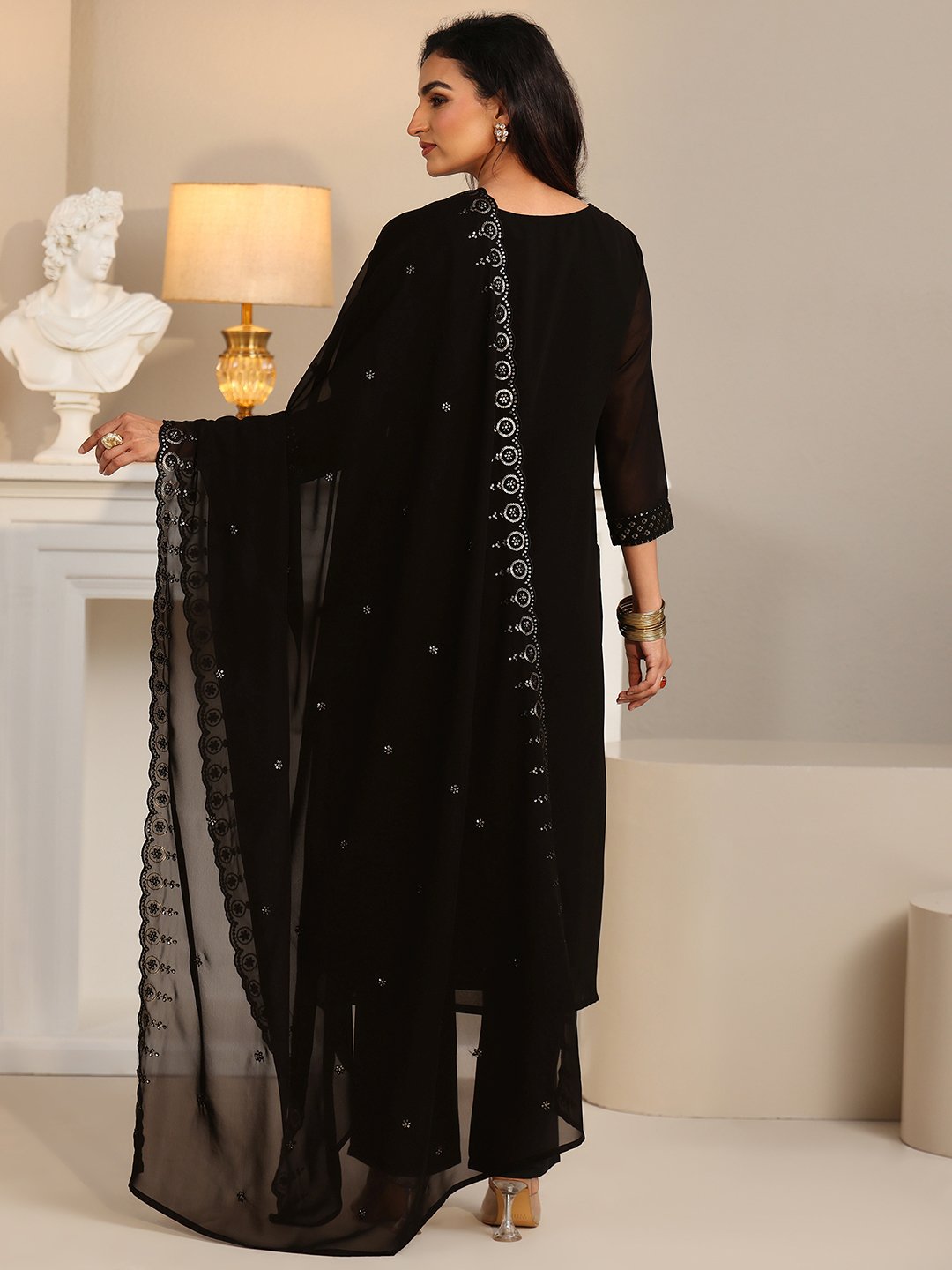 Black Embroidered Georgette Straight Kurta With Trouser And Dupatta