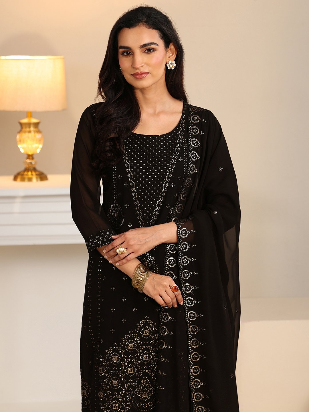 Black Embroidered Georgette Straight Kurta With Trouser And Dupatta