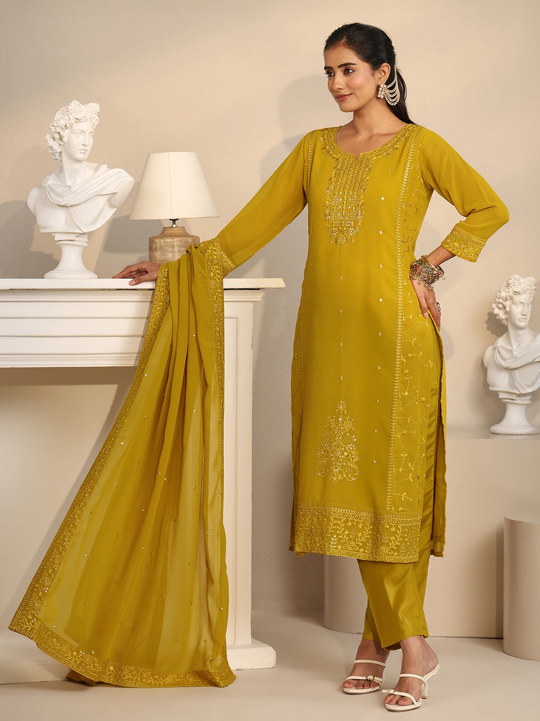 Mustard Embroidered Georgette Kurta Set with Trouser and Dupatta