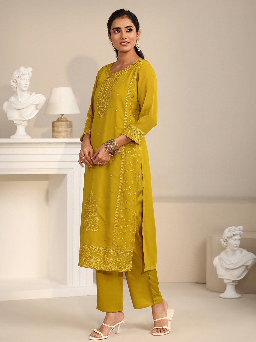 Mustard Embroidered Georgette Kurta Set with Trouser and Dupatta