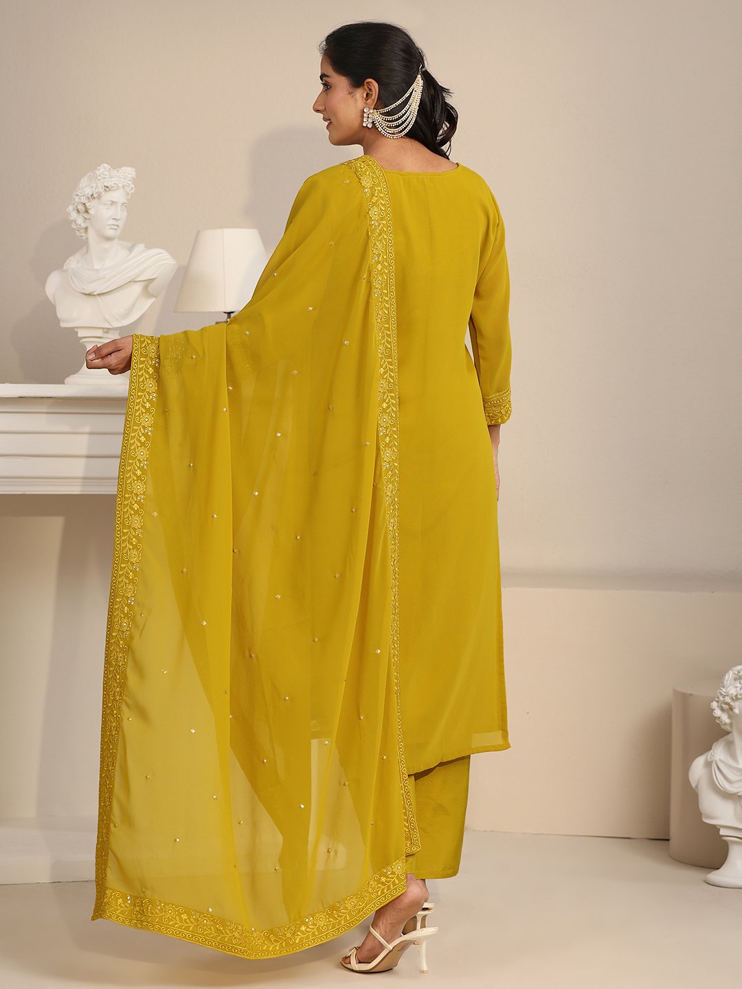 Mustard Embroidered Georgette Kurta Set with Trouser and Dupatta