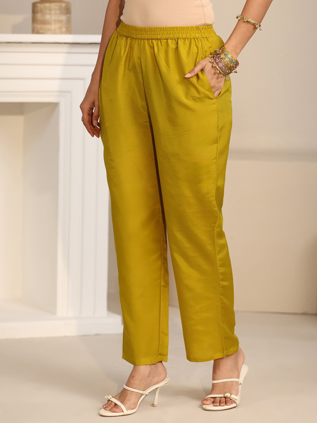 Mustard Embroidered Georgette Kurta Set with Trouser and Dupatta