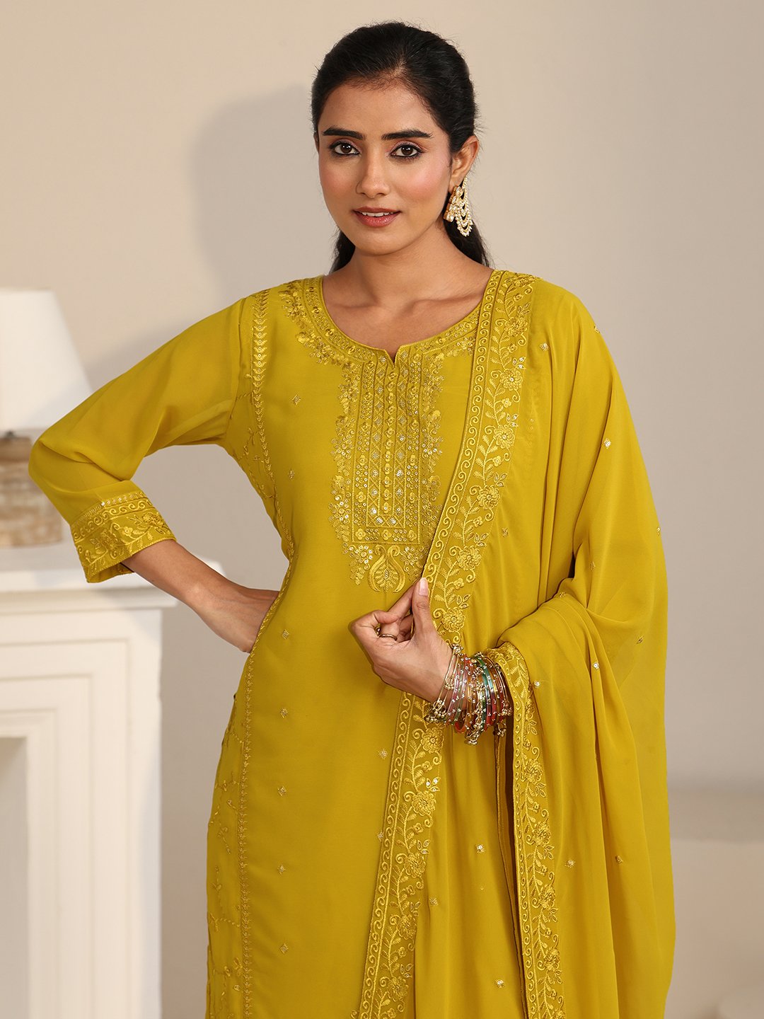 Mustard Embroidered Georgette Kurta Set with Trouser and Dupatta