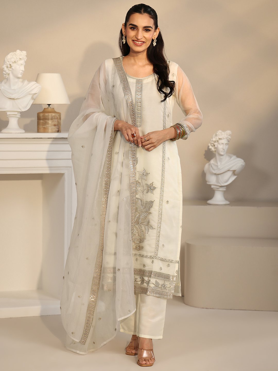 White Embroidered Organza Straight Kurta With Trouser And Dupatta
