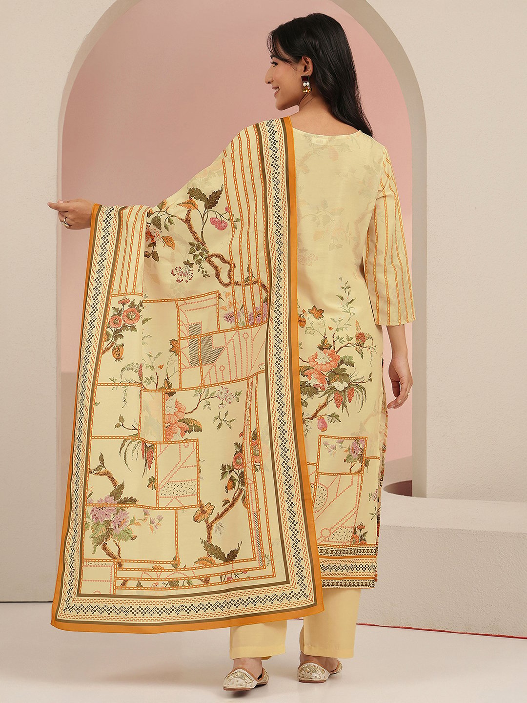 Beige Printed Kurta Set with Dupatta and Trousers