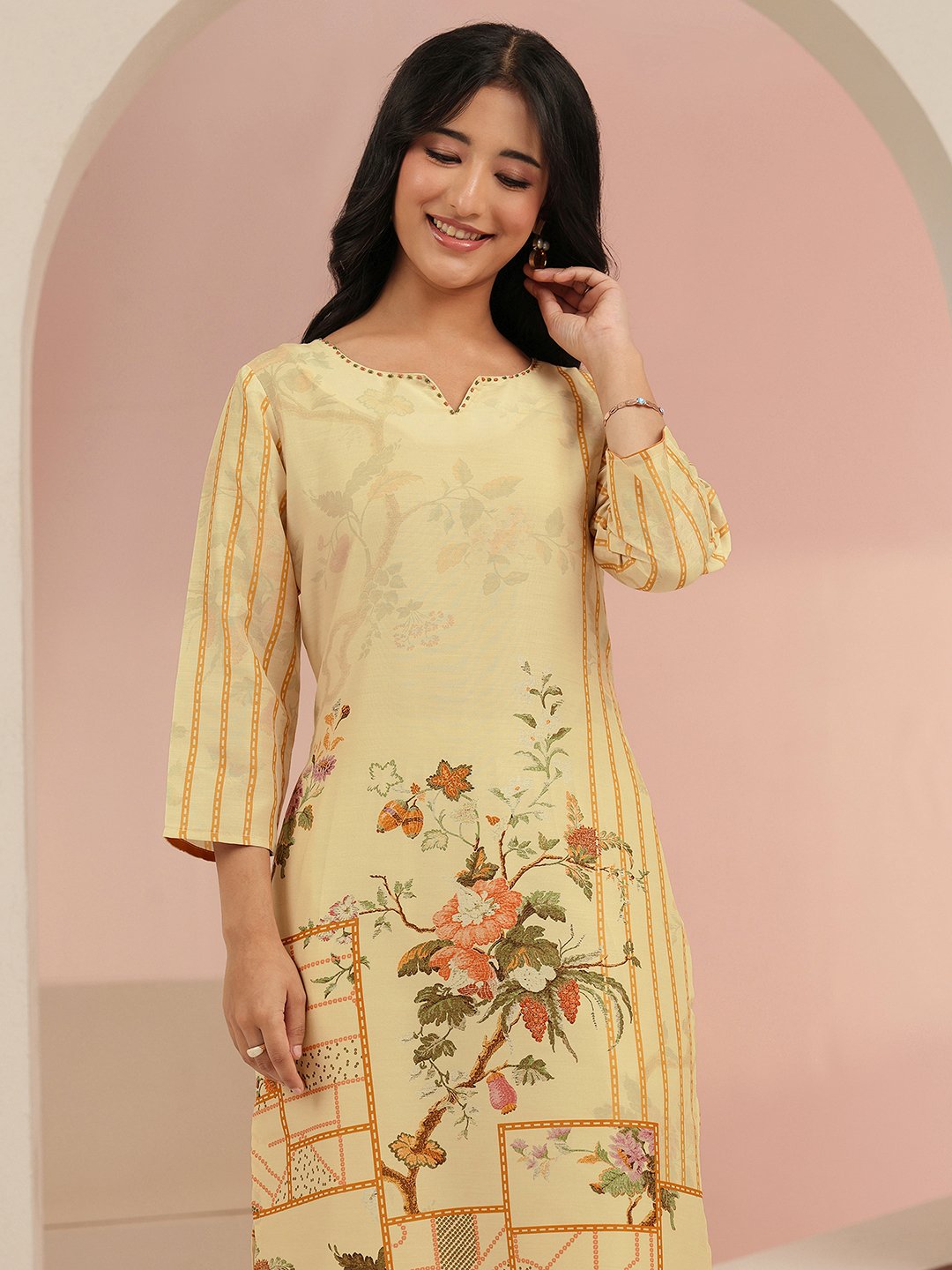 Beige Printed Kurta Set with Dupatta and Trousers