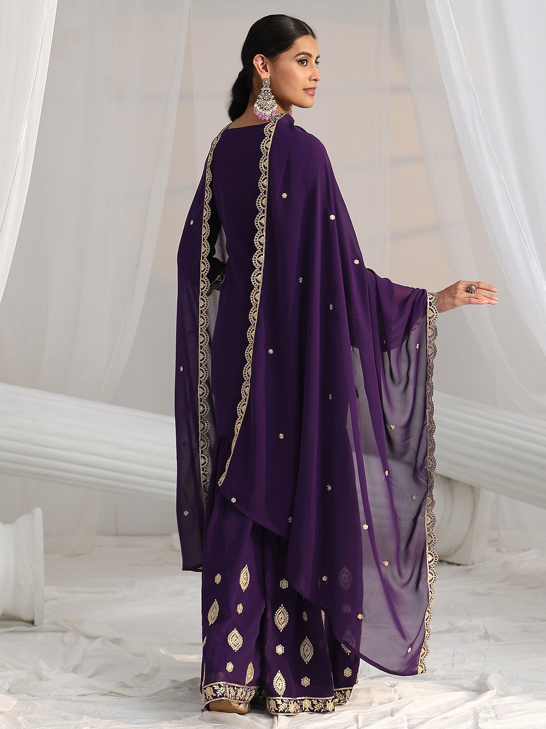Purple Embroidered Georgette Straight Kurta With Sharara And Dupatta