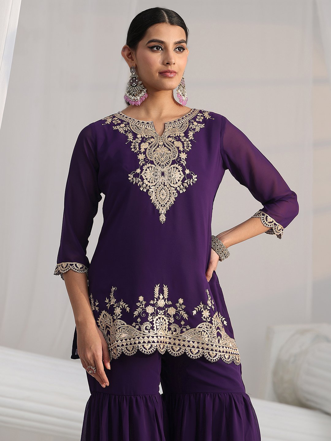 Purple Embroidered Georgette Straight Kurta With Sharara And Dupatta
