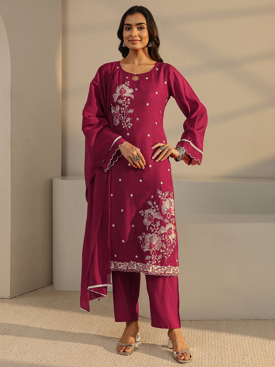 Maroon Embroidered Kurta Set with Dupatta