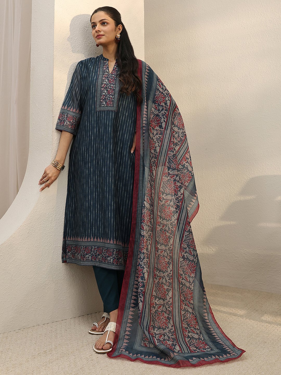 Navy Blue Printed Silk Blend Kurta Set with Trouser and Dupatta