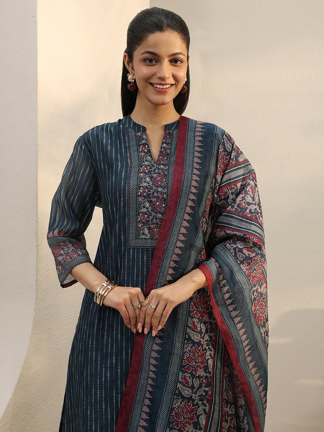 Navy Blue Printed Silk Blend Kurta Set with Trouser and Dupatta