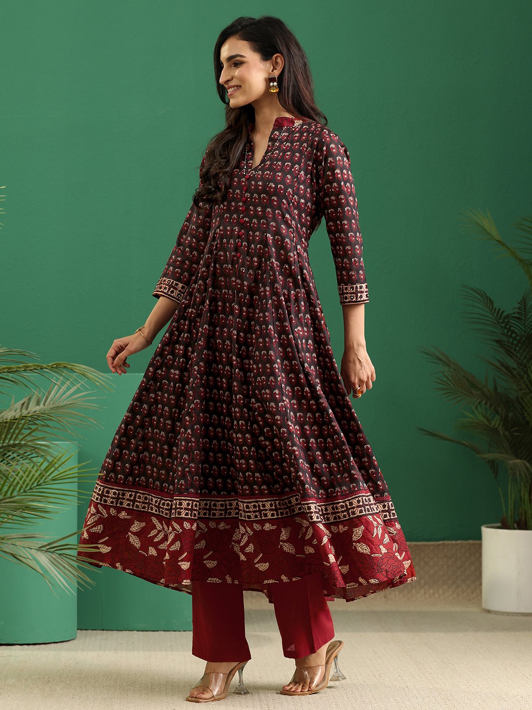 Black Printed Cotton Anarkali Kurta With Trouser And Dupatta
