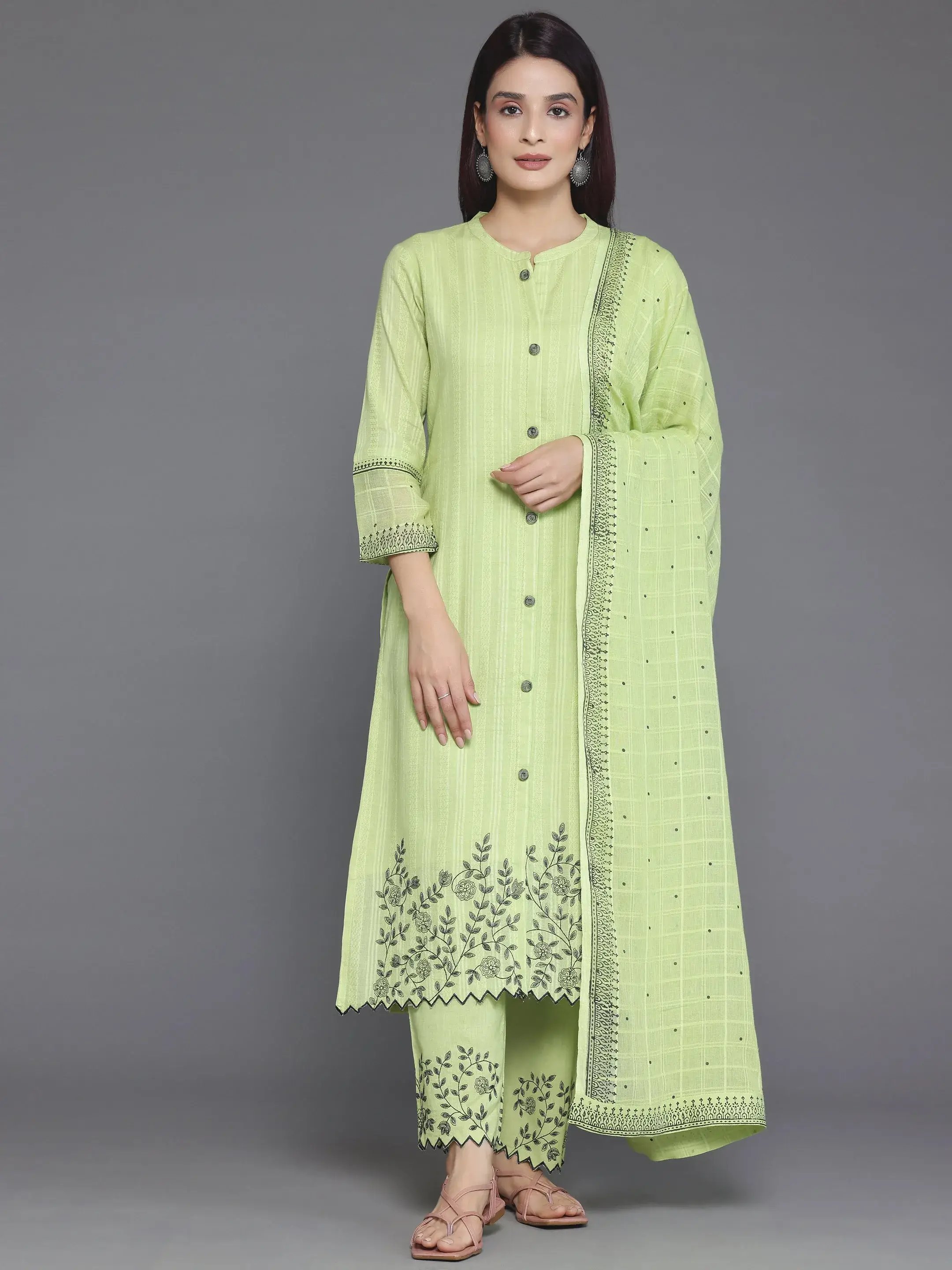 Green Embroidered Cotton Blend Kurta Set with Dupatta