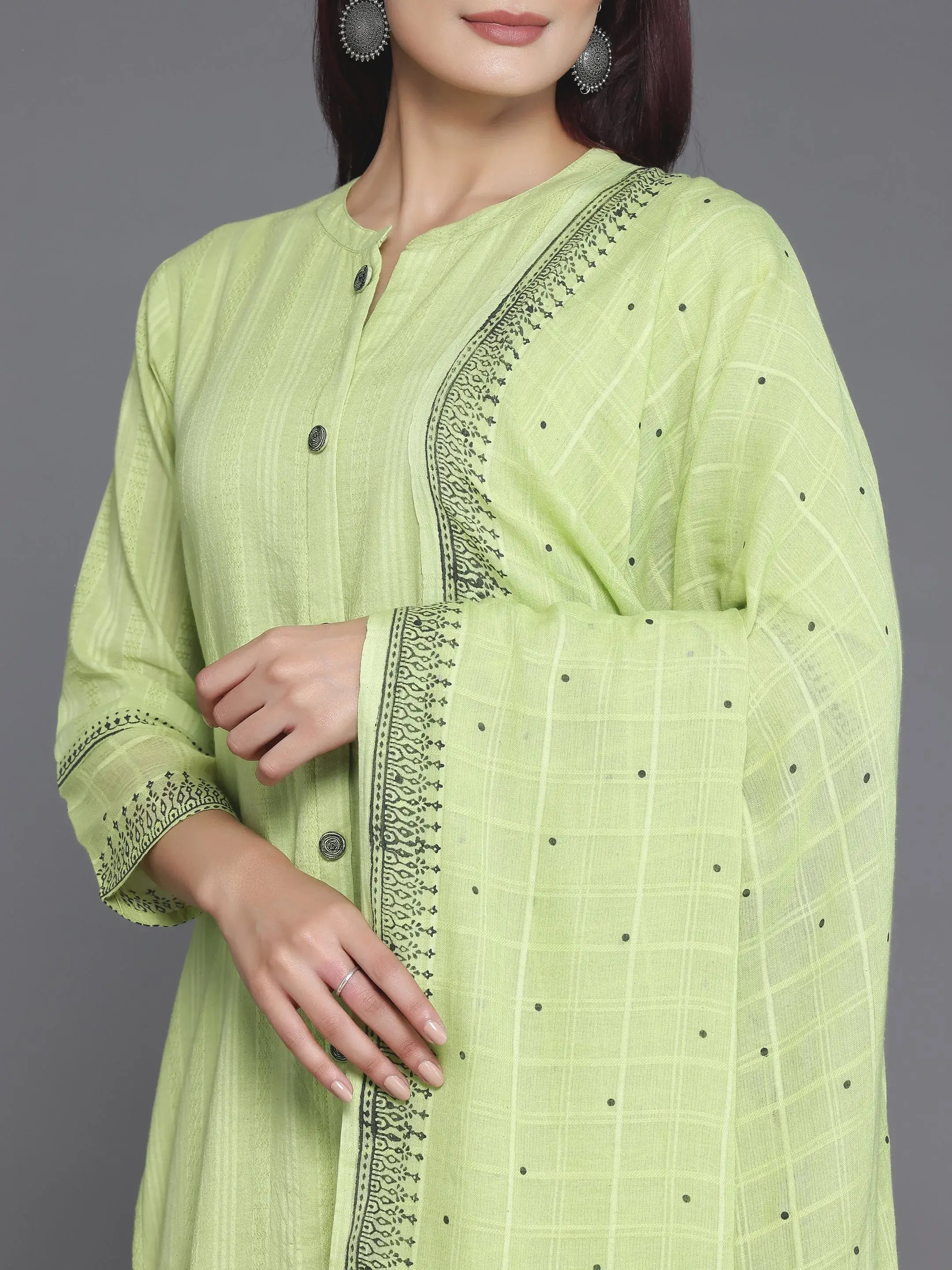 Green Embroidered Cotton Blend Kurta Set with Dupatta