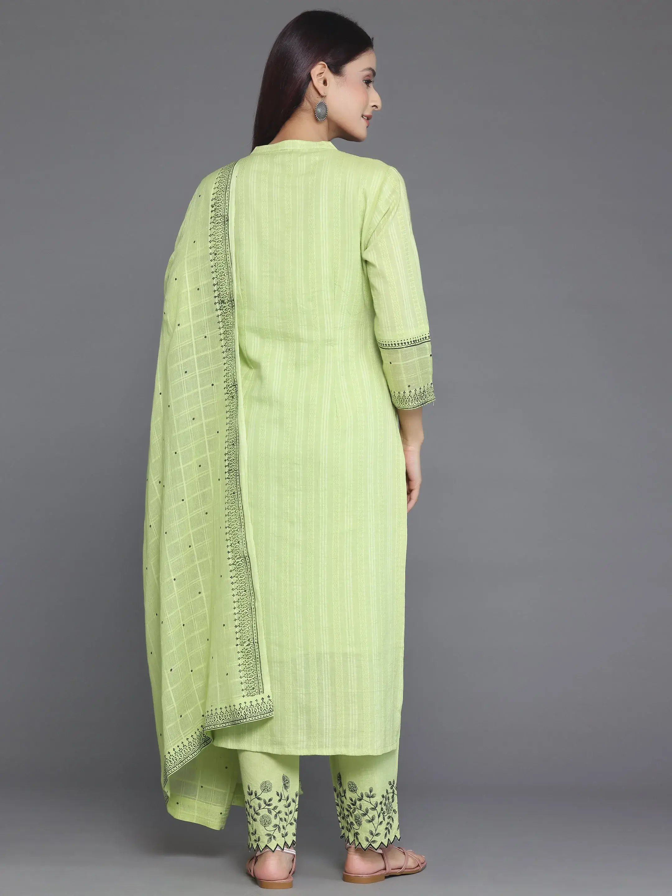 Green Embroidered Cotton Blend Kurta Set with Dupatta