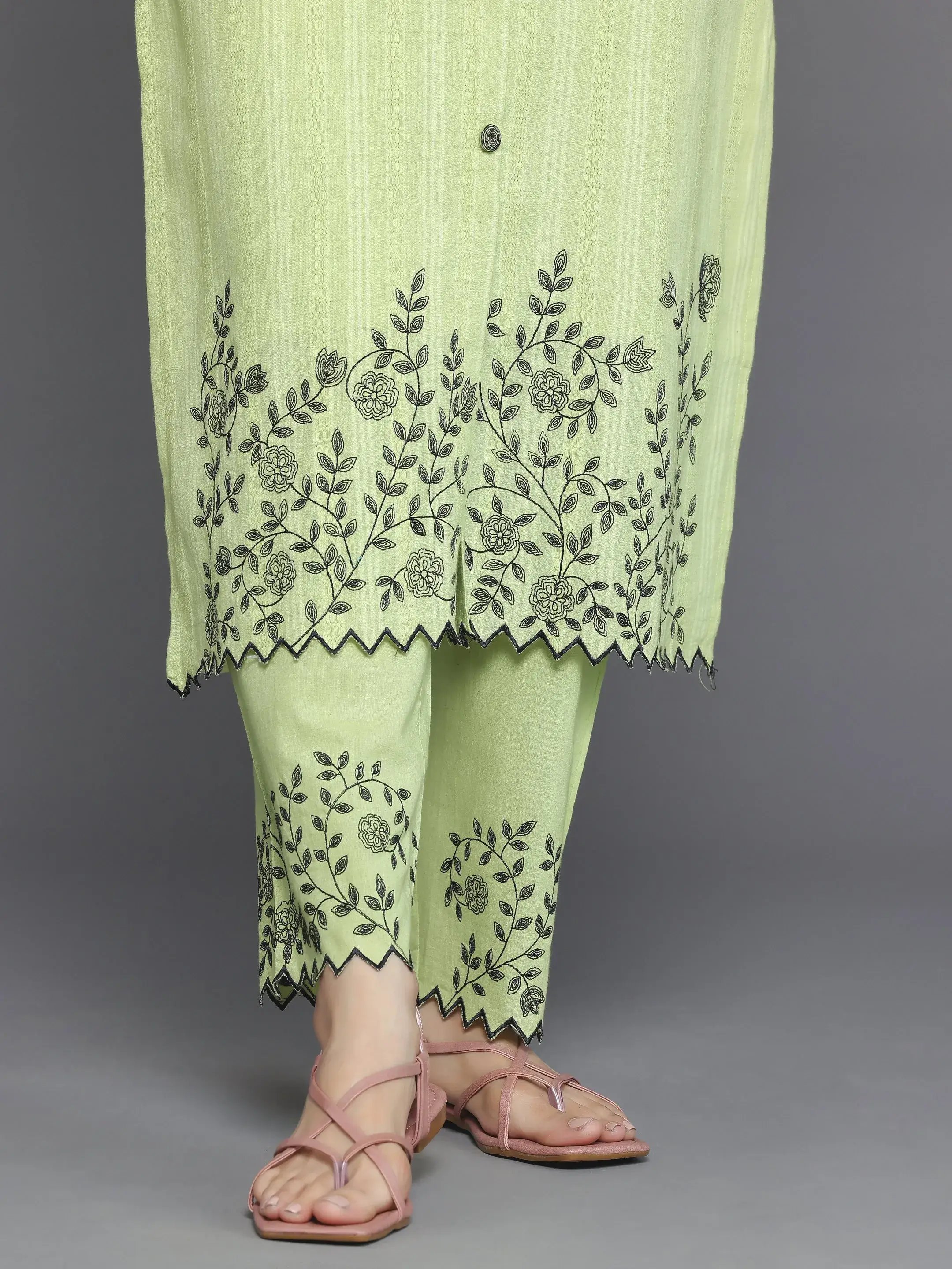 Green Embroidered Cotton Blend Kurta Set with Dupatta