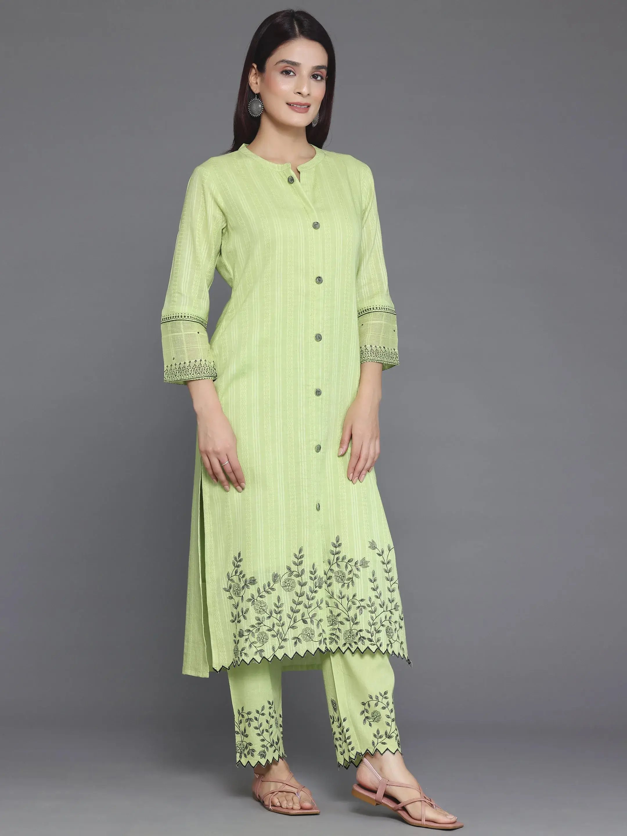 Green Embroidered Cotton Blend Kurta Set with Dupatta