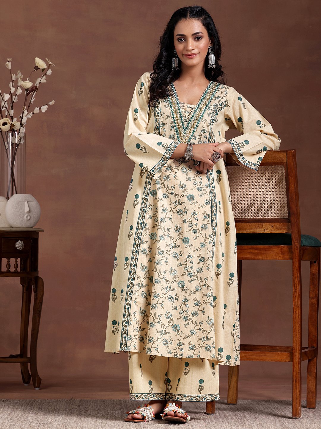 Beige Floral Print A-Line Kurta Set with Wide-Leg Palazzos