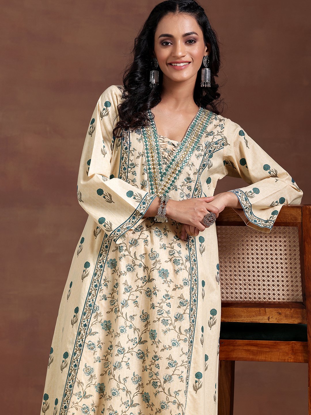 Beige Floral Print A-Line Kurta Set with Wide-Leg Palazzos
