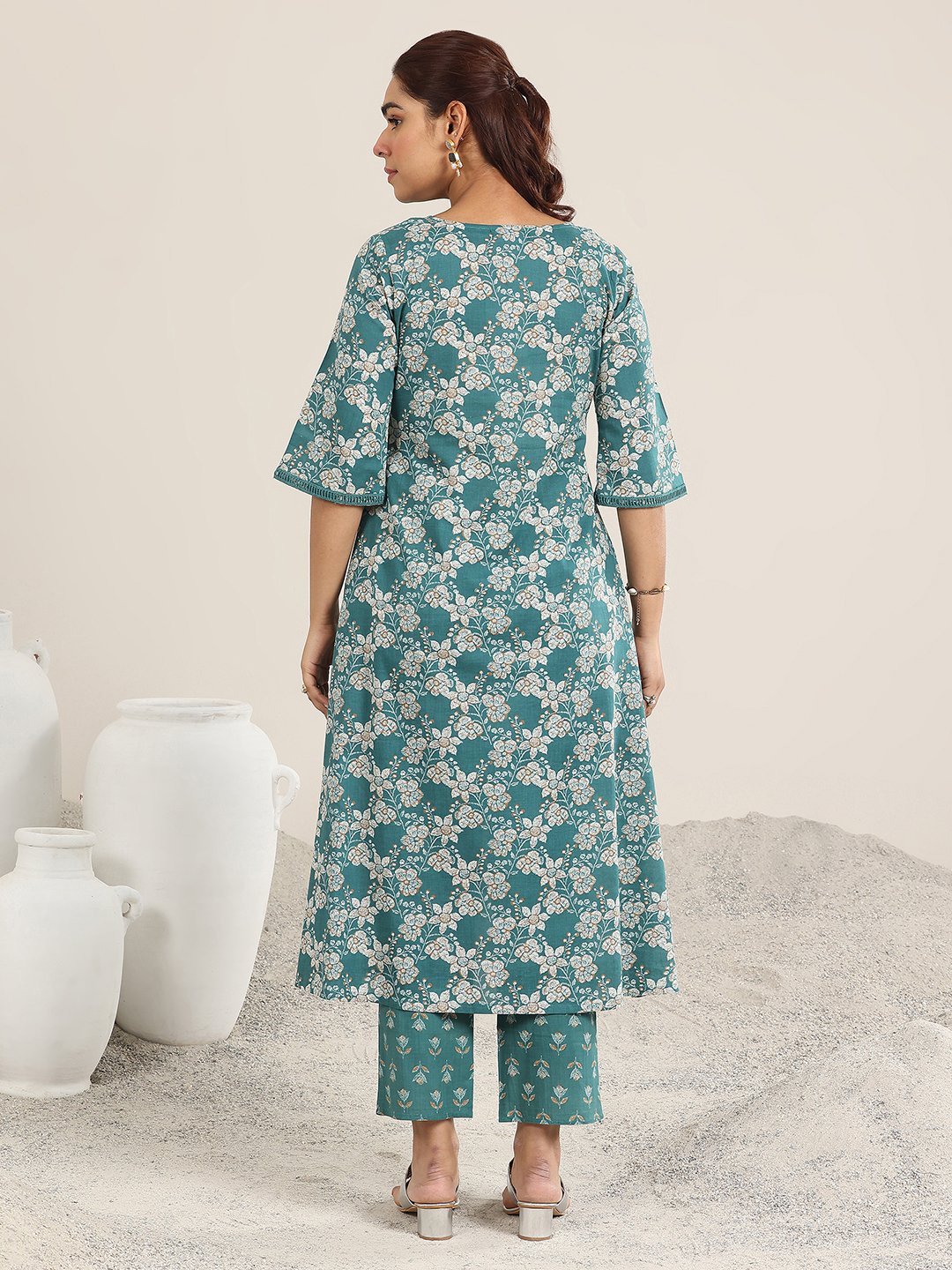 Teal Floral Printed A-Line Kurta and Trouser Set