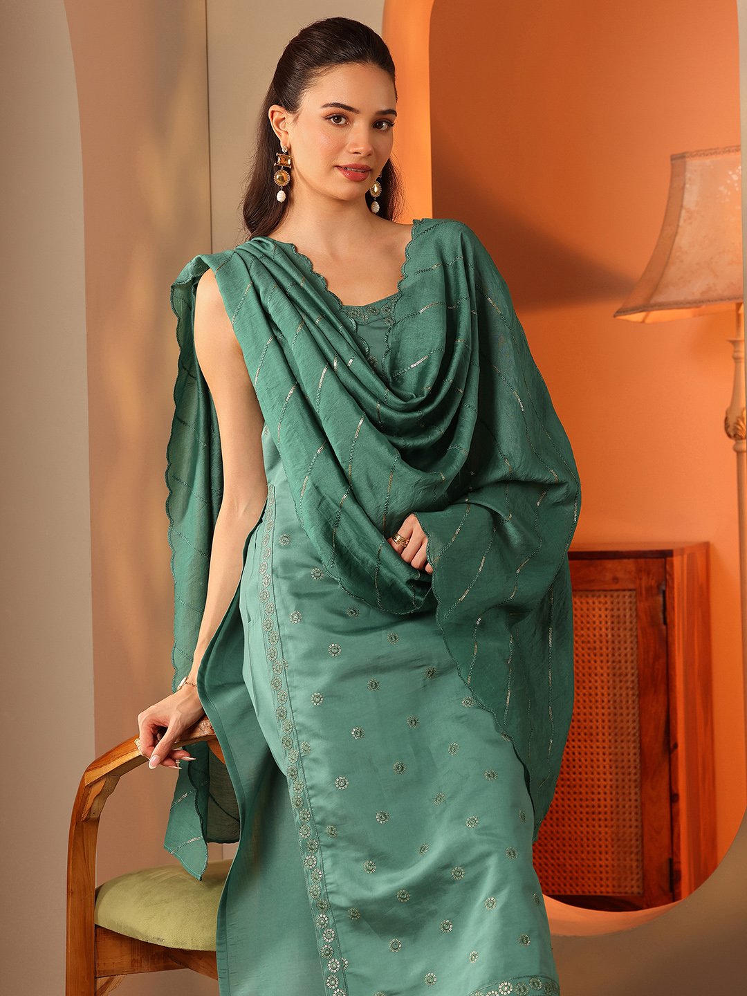 Green Embroidered Sleeveless Kurta Palazzo and Dupatta Set
