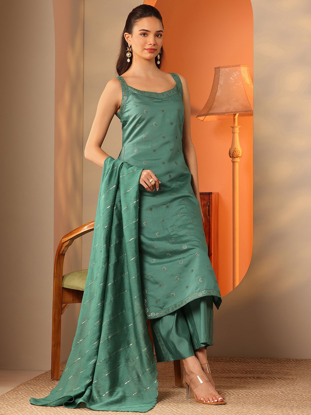 Green Embroidered Sleeveless Kurta Palazzo and Dupatta Set