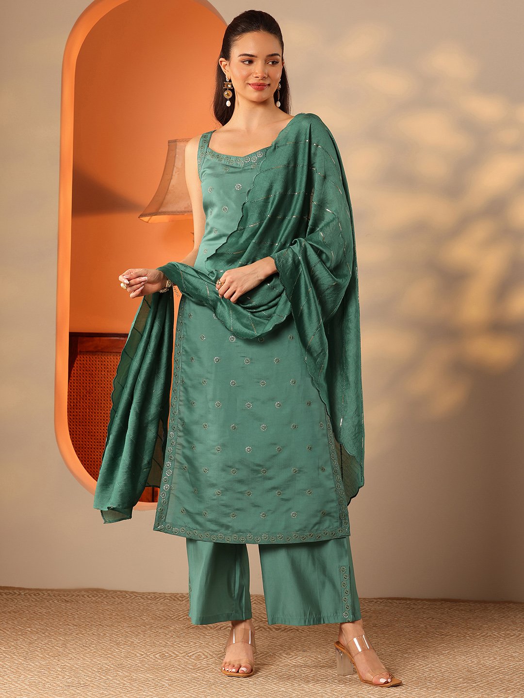 Green Embroidered Sleeveless Kurta Palazzo and Dupatta Set