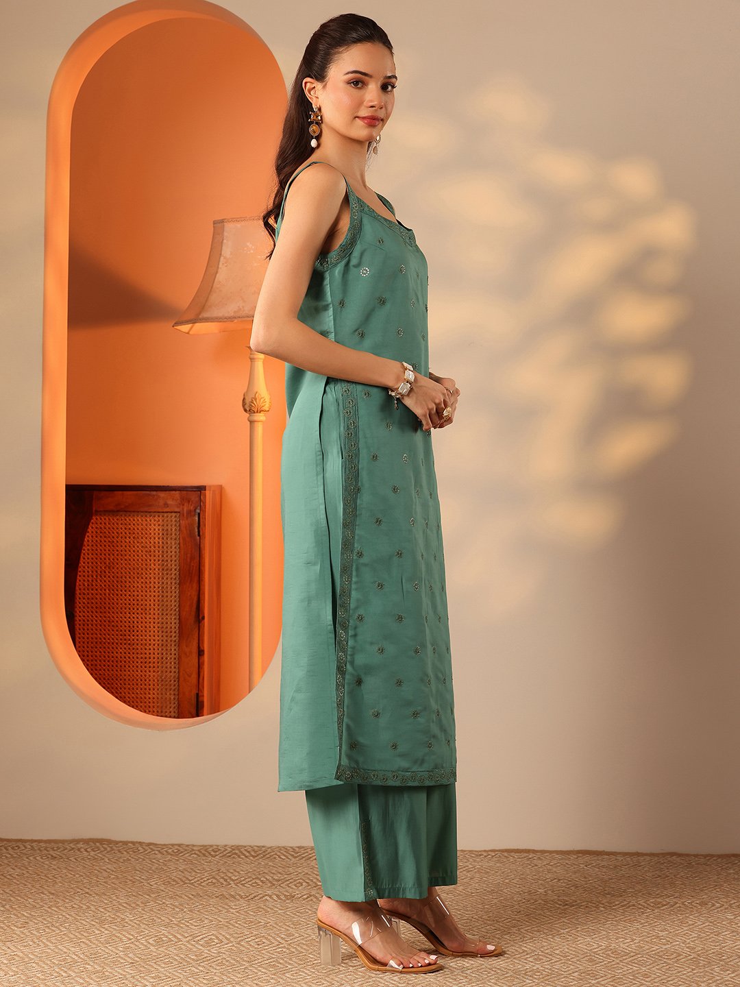Green Embroidered Sleeveless Kurta Palazzo and Dupatta Set