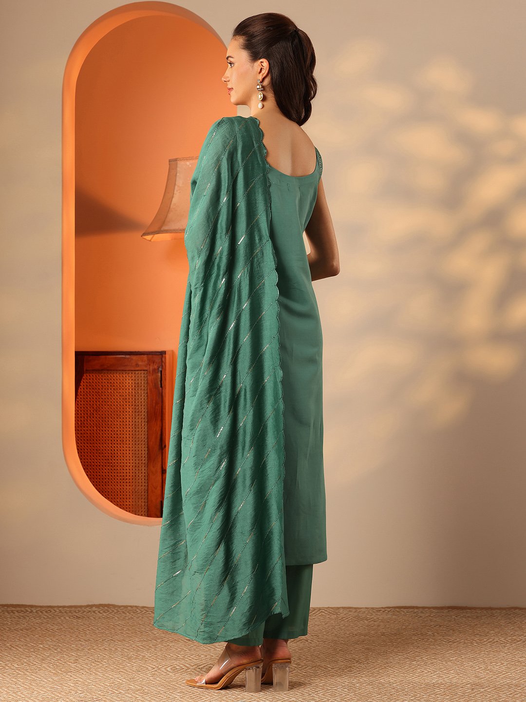 Green Embroidered Sleeveless Kurta Palazzo and Dupatta Set