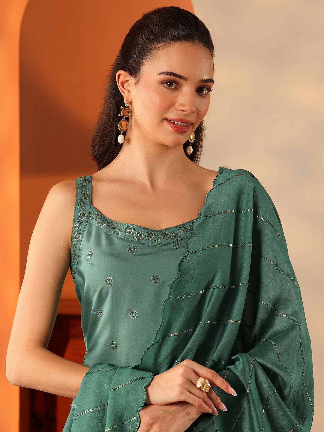 Green Embroidered Sleeveless Kurta Palazzo and Dupatta Set