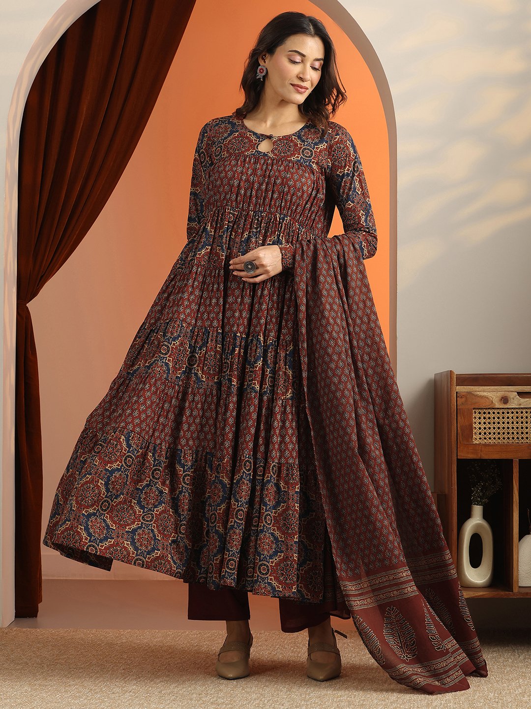Rust A-Line Keyhole Neck Ethnic Motifs Kurta Set with Straight Pants and Dupatta