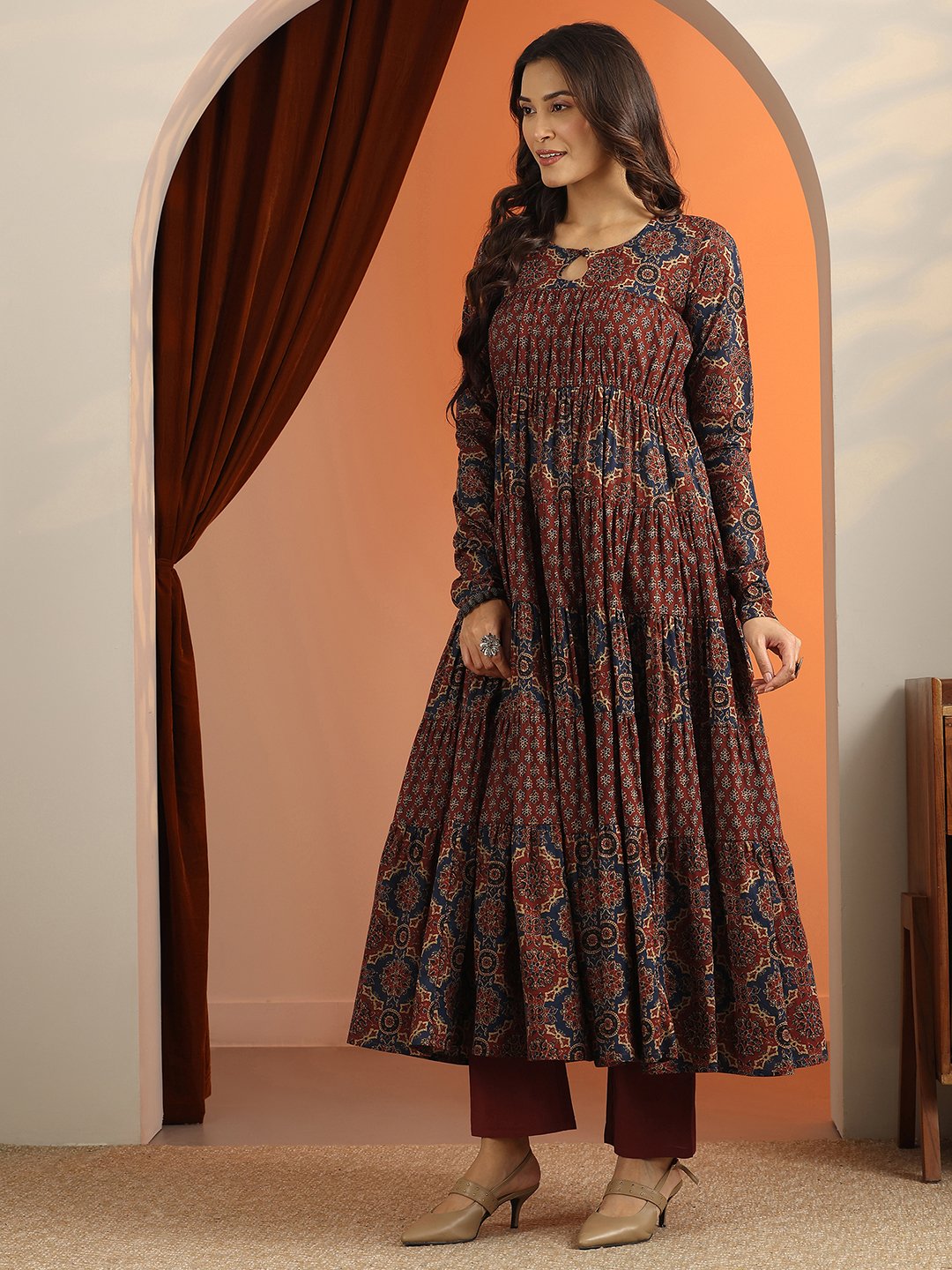 Rust A-Line Keyhole Neck Ethnic Motifs Kurta Set with Straight Pants and Dupatta