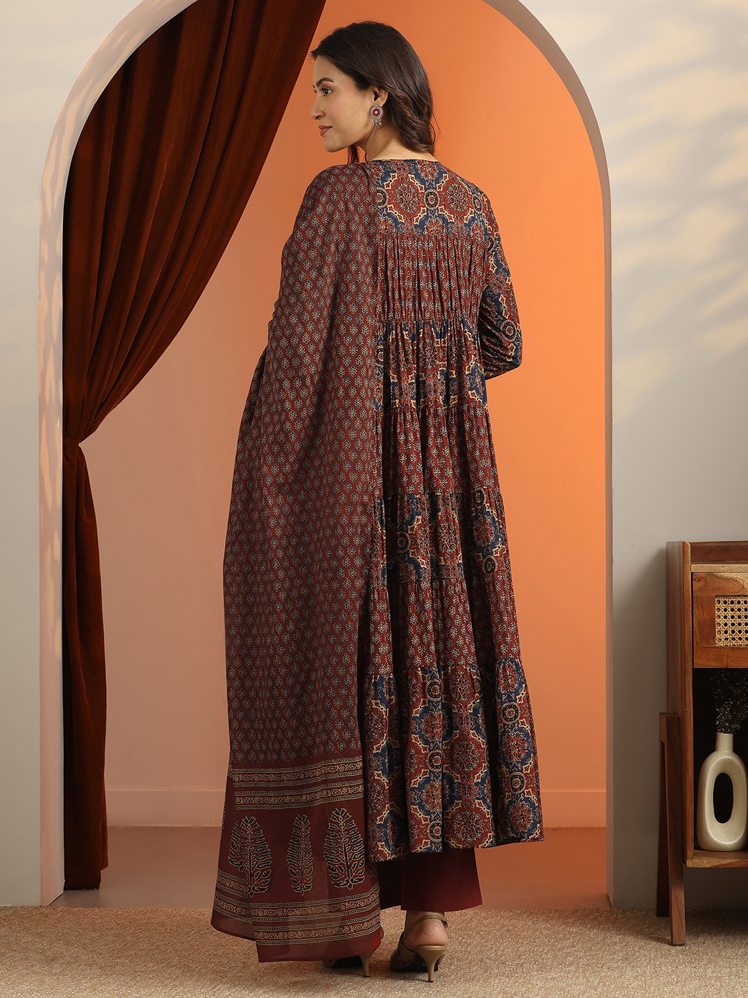Rust A-Line Keyhole Neck Ethnic Motifs Kurta Set with Straight Pants and Dupatta