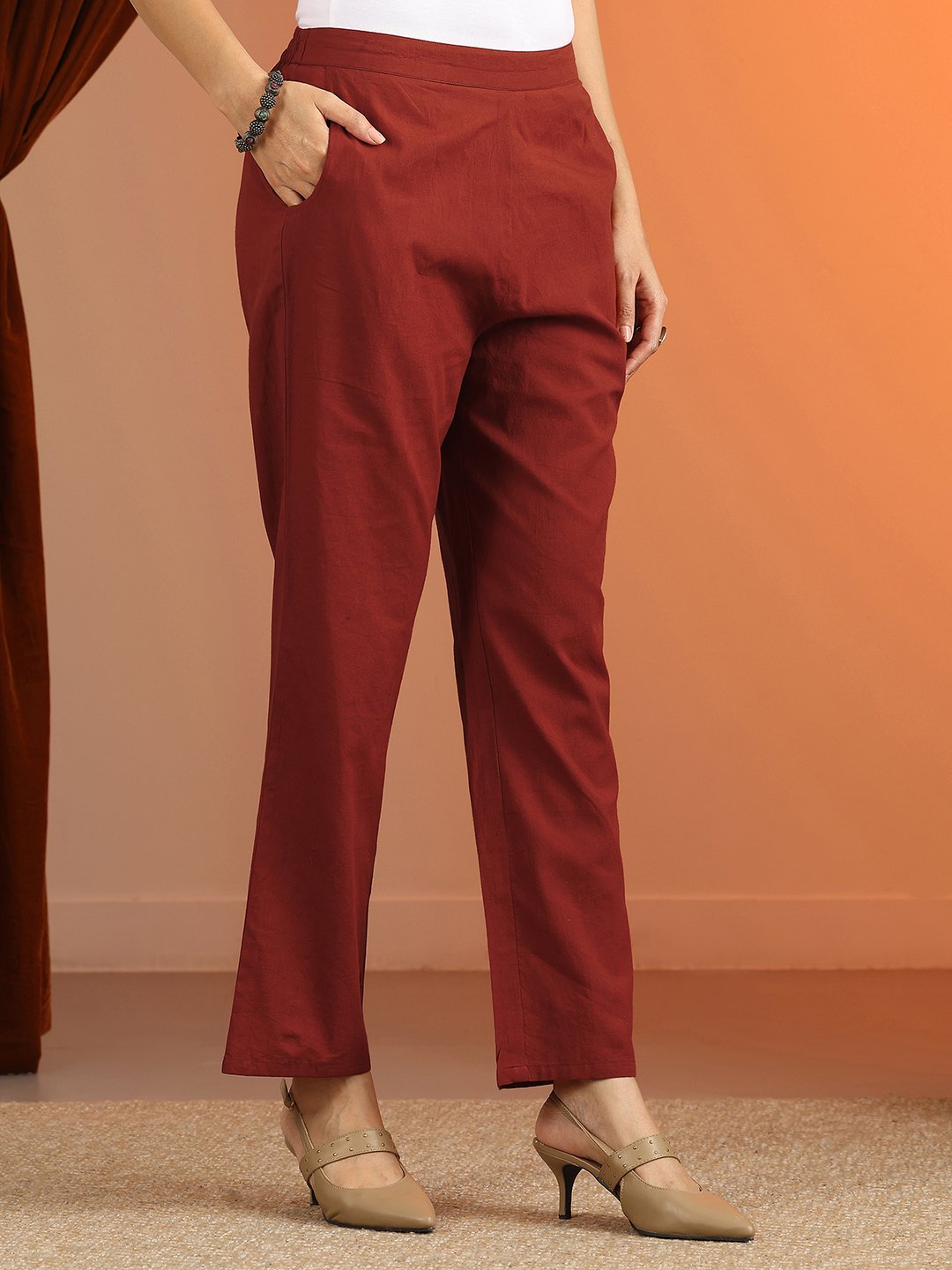 Rust A-Line Keyhole Neck Ethnic Motifs Kurta Set with Straight Pants and Dupatta