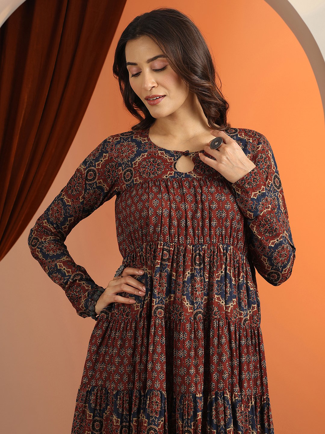 Rust A-Line Keyhole Neck Ethnic Motifs Kurta Set with Straight Pants and Dupatta