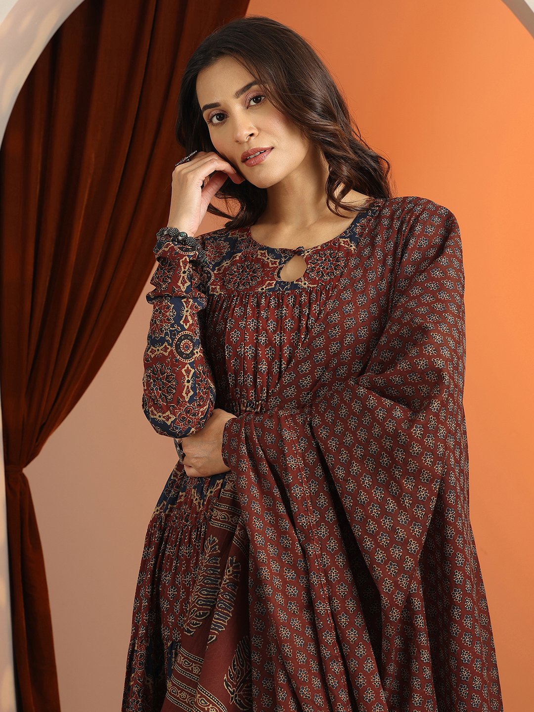 Rust A-Line Keyhole Neck Ethnic Motifs Kurta Set with Straight Pants and Dupatta