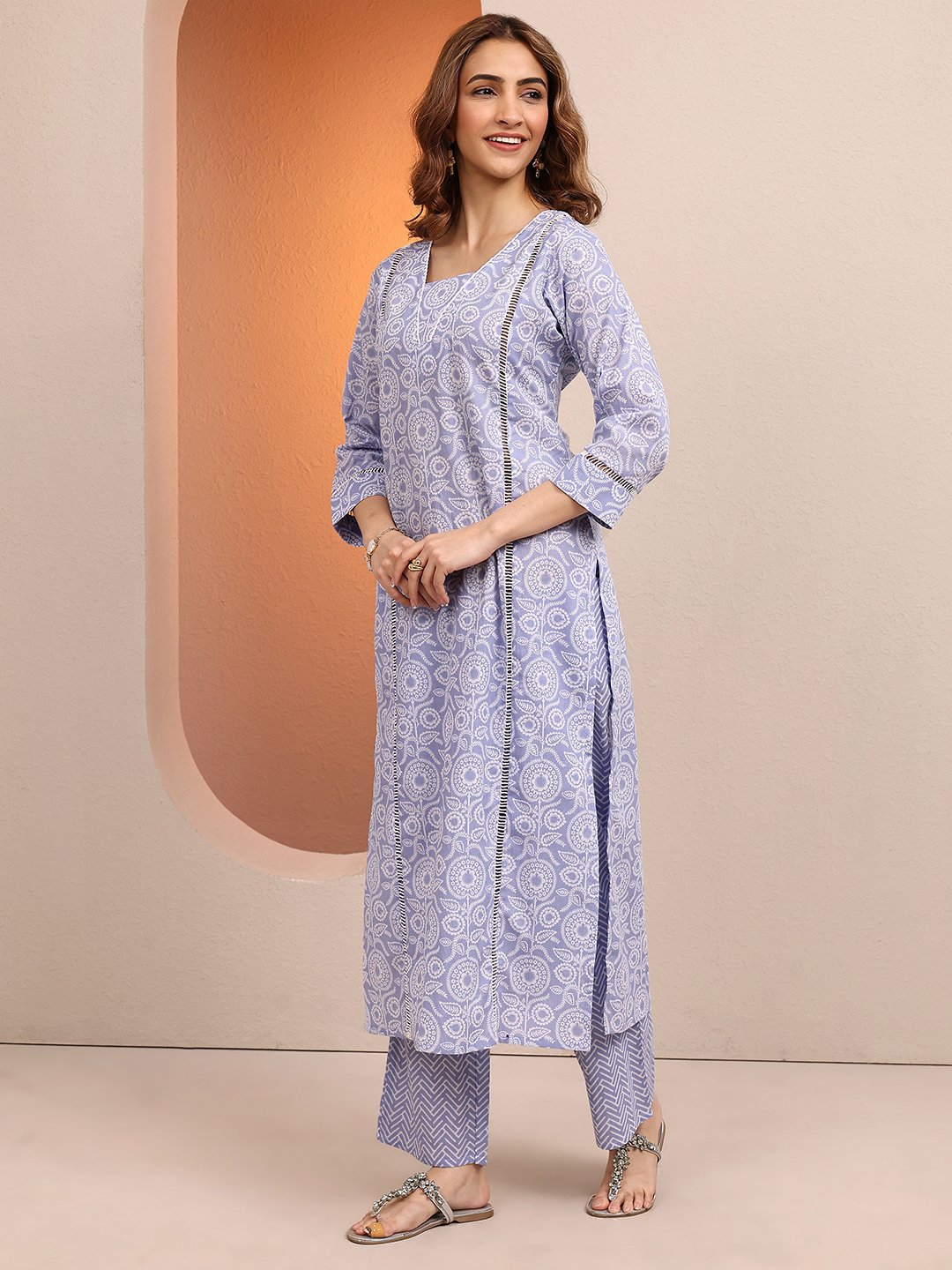 Light Blue Printed Straight Kurta Set with Dupatta and Trousers