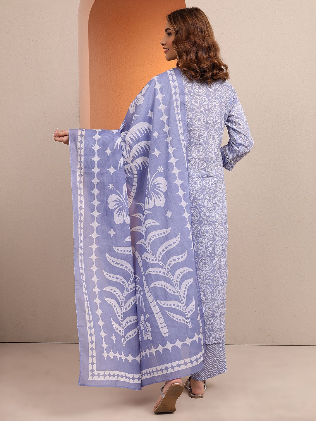 Light Blue Printed Straight Kurta Set with Dupatta and Trousers