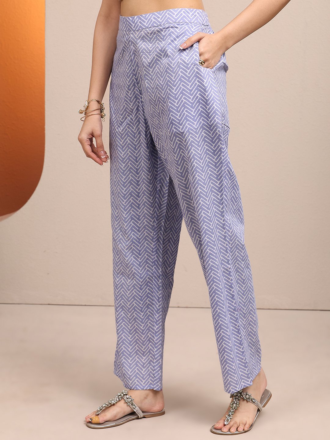 Light Blue Printed Straight Kurta Set with Dupatta and Trousers