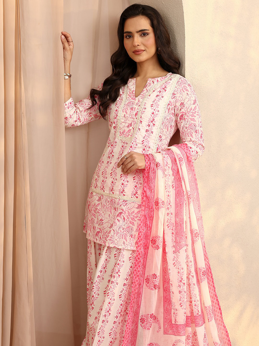 Pink Floral Printed Kurta Set with Dupatta